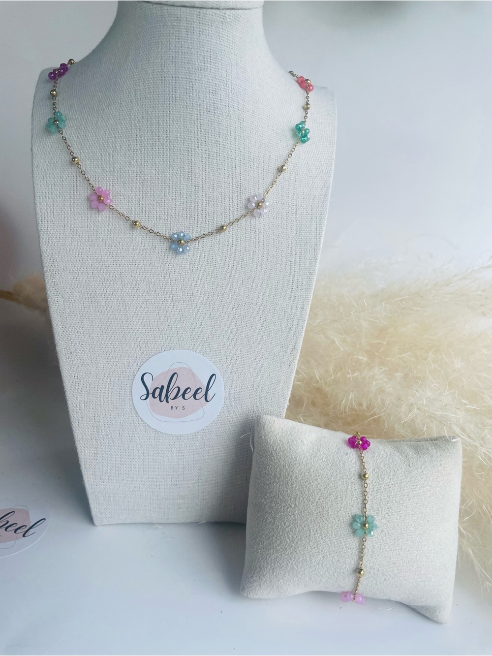 Pastel Flower Bead Necklace in Pink, Blue, Green & Purple